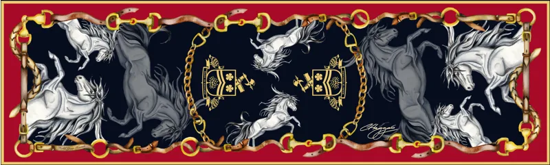 Clare Haggas Hold Your Horses Narrow Silk Scarf Liquorish and Gold-3